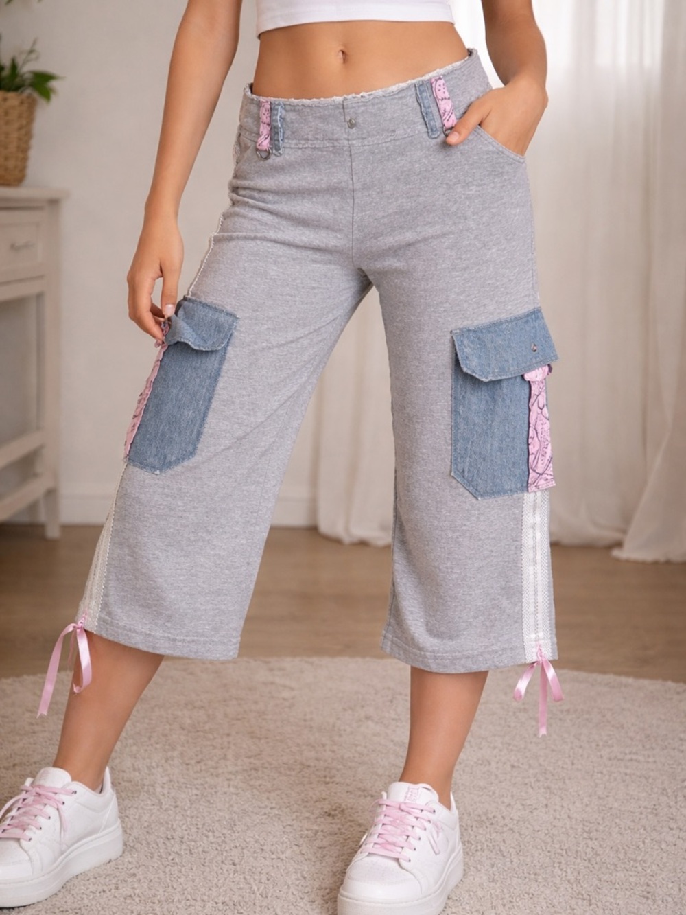 Y2K Patchwork Capri Sweatshorts Girls S Denim Cargo Style
